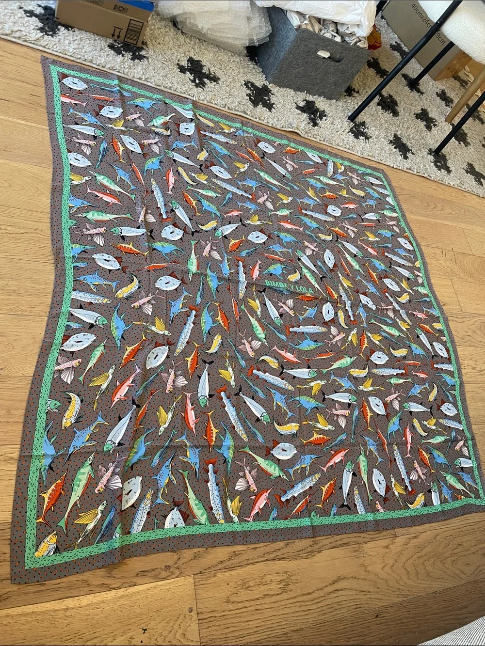 Bimba Y Lola Silk Scarf Multicolor Fish Ocean Coastal Green Trim Large Square